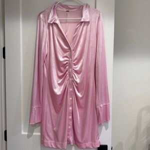 Free People Shimmer Pink Ruched Satin Button-Front Sleep Shirt